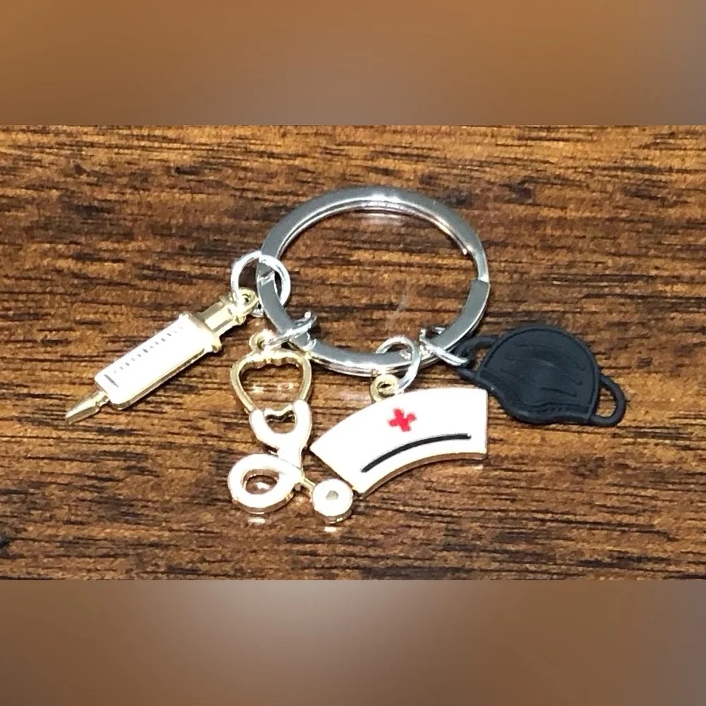 Keychain Ring  Holder  Nurse  black mask syringe stethoscope pendant ornaments.